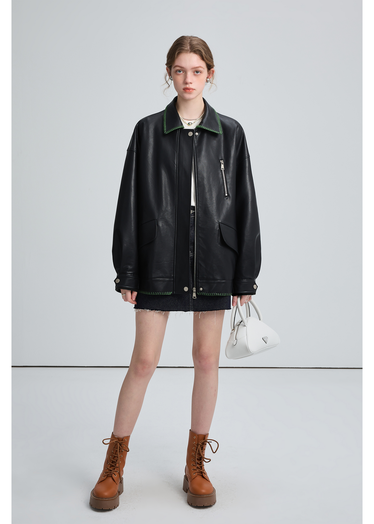 Black Leather Jacket , Loose Slimming Biker Style Pu Jacket