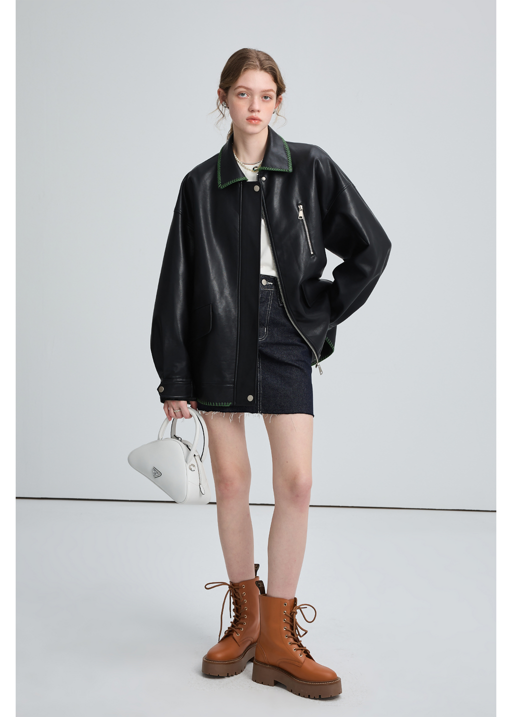 Black Leather Jacket , Loose Slimming Biker Style Pu Jacket