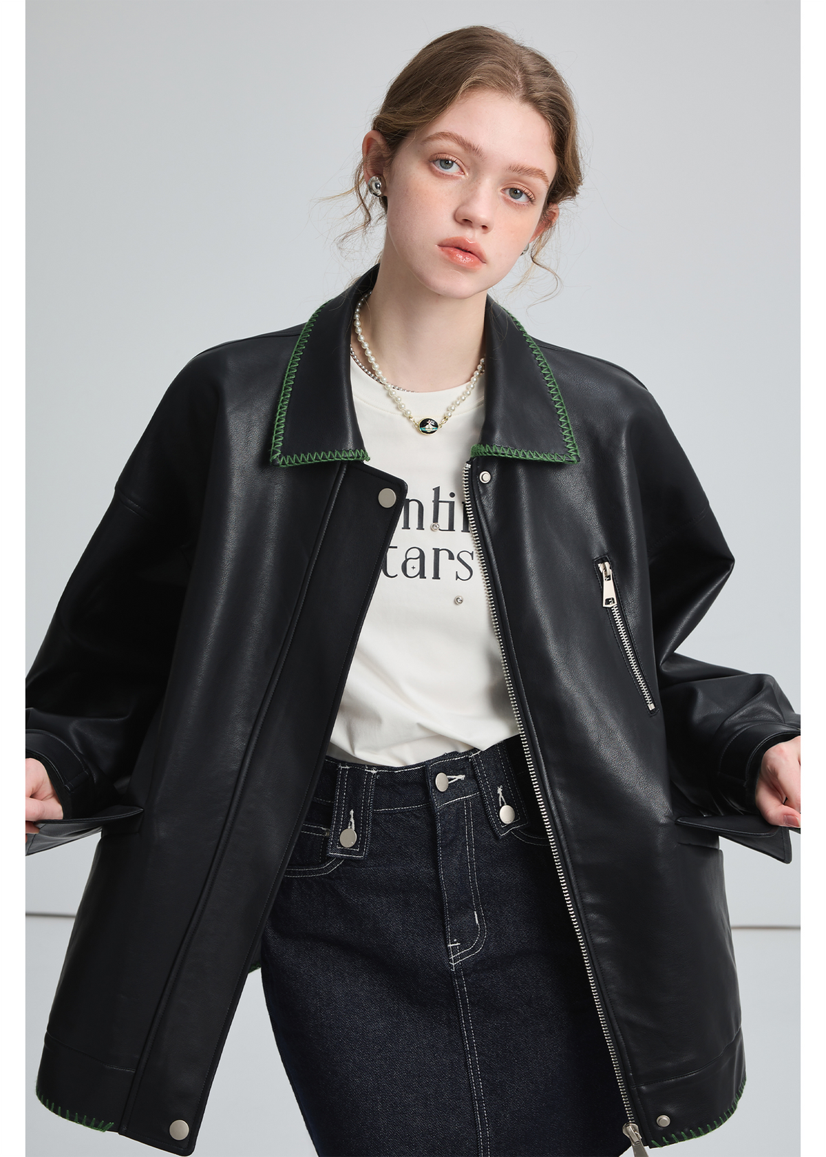 Black Leather Jacket , Loose Slimming Biker Style Pu Jacket