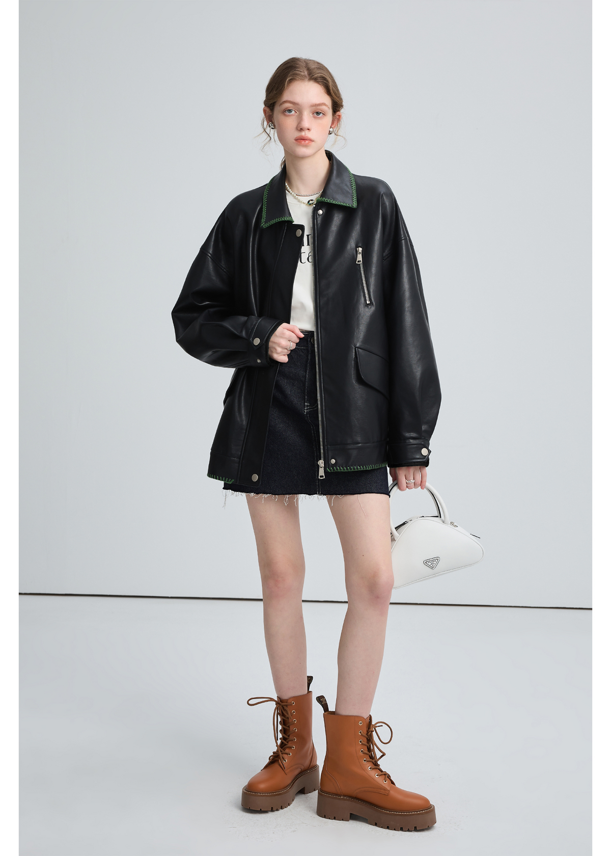 Black Leather Jacket , Loose Slimming Biker Style Pu Jacket