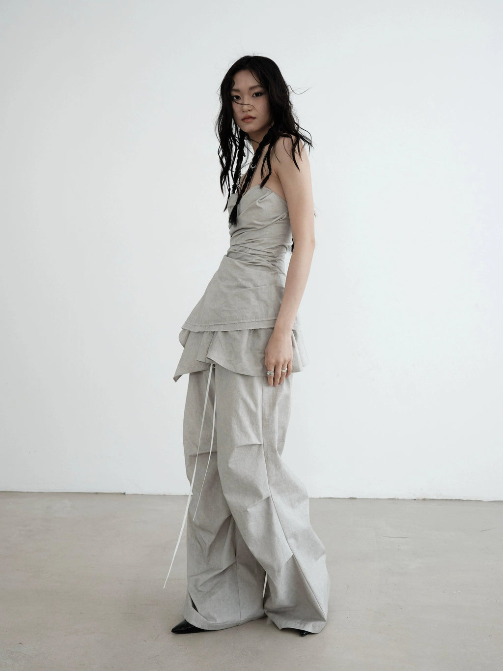 Strapless Draped Mini Dress - Women'S Light Gray Ruched Bodycon With Asymmetric Hem