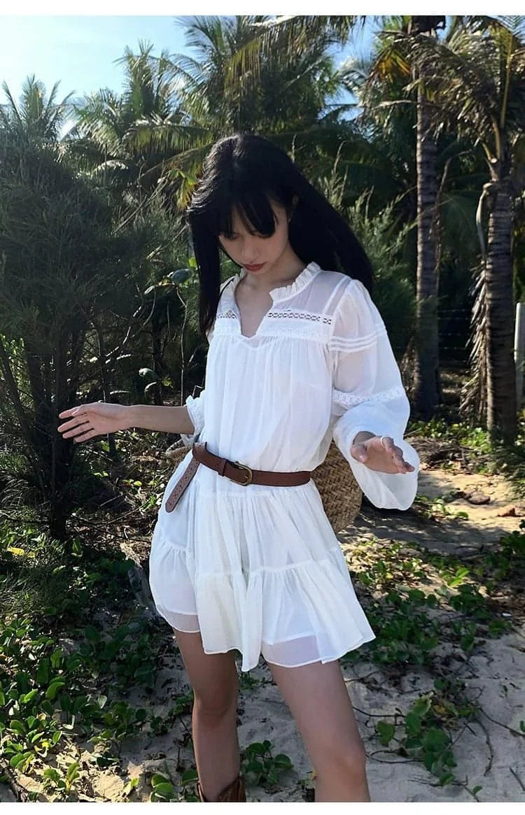 French-Style Ruffle Mini Shirt Dress