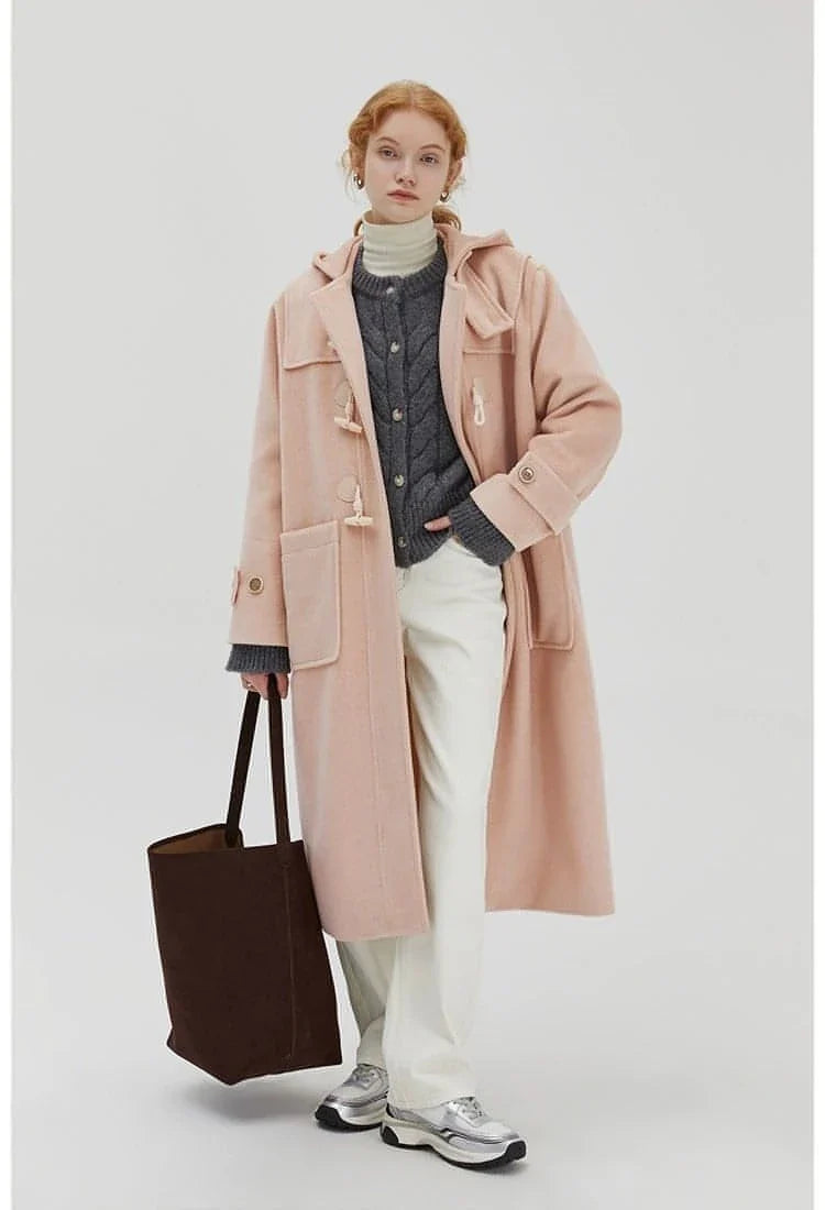 Winter Thicken College Style Hooded Mid-Length Melton Wool Coat
