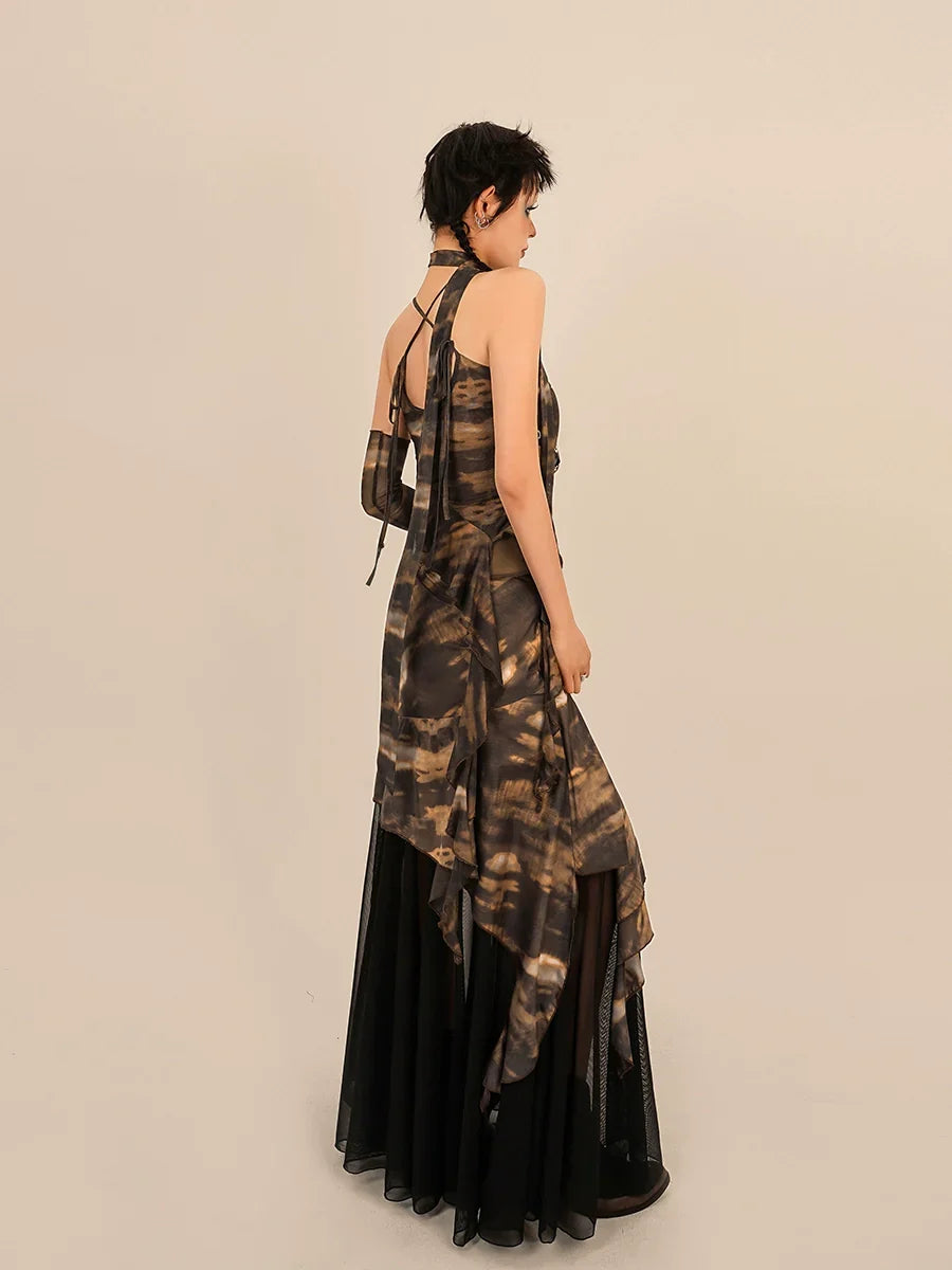 Abstract Tie-Dye Asymmetrical Skirt - Brown and Black