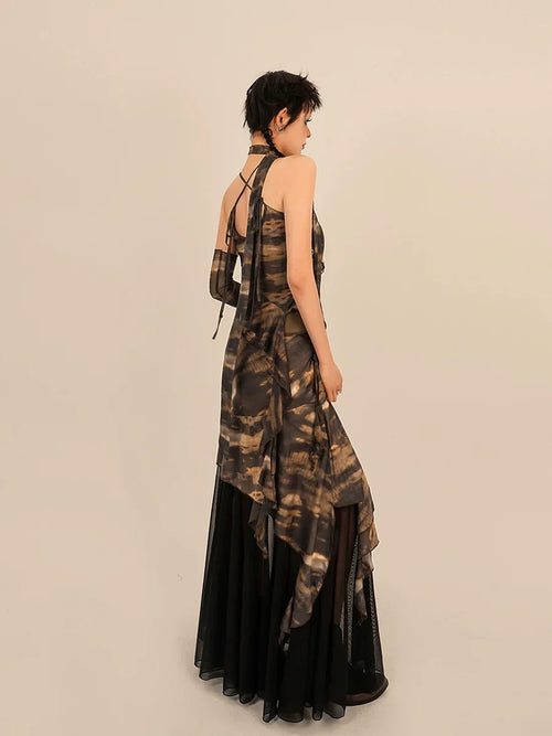 Abstract Tie-Dye Asymmetrical Skirt - Brown and Black