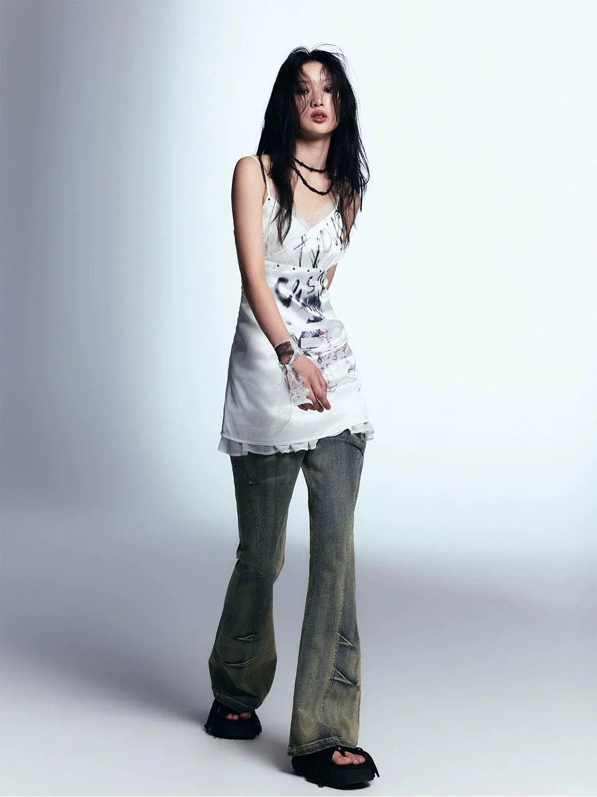White Distressed Graphic Tank Dress - Women'S Sleeveless Mini Bodycon With Grunge Print