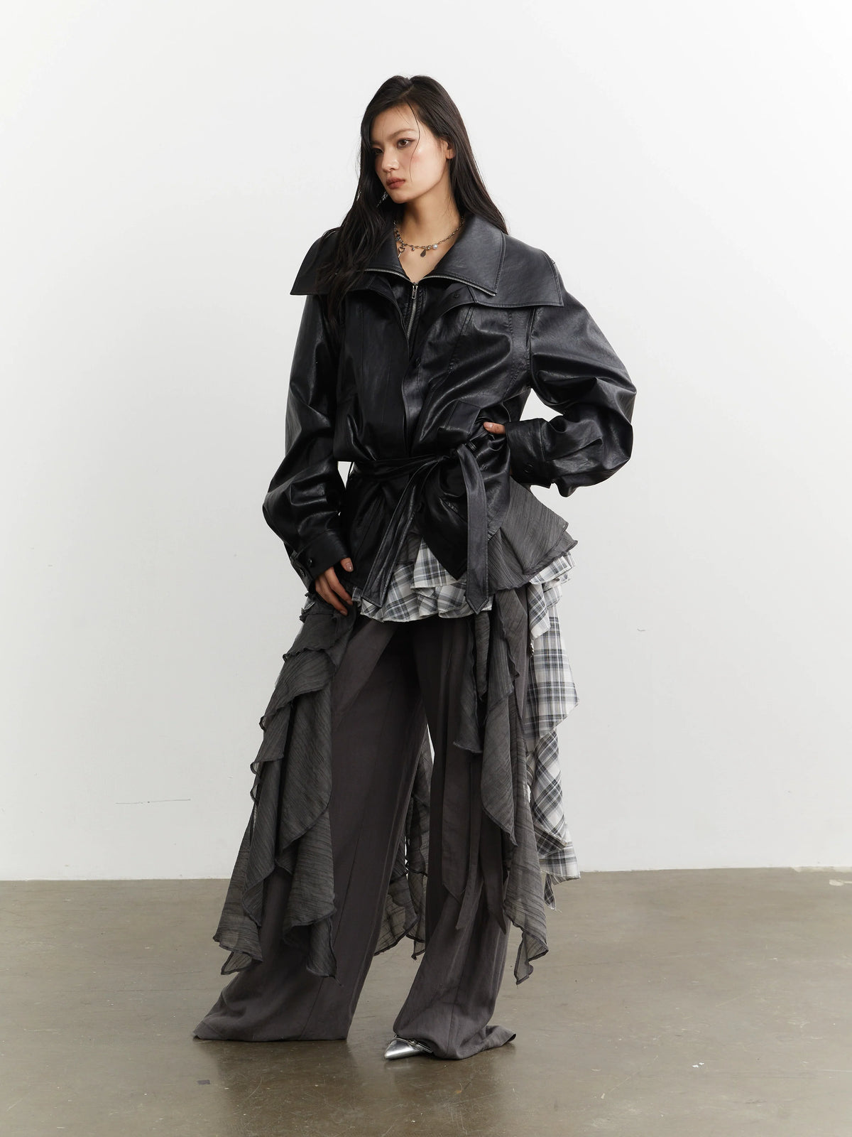 Noir Plaid Ruffle Cascade Dress