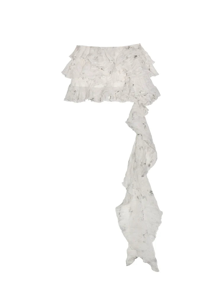 Asymmetrical Tiered Lace Ruffle Skirt in White