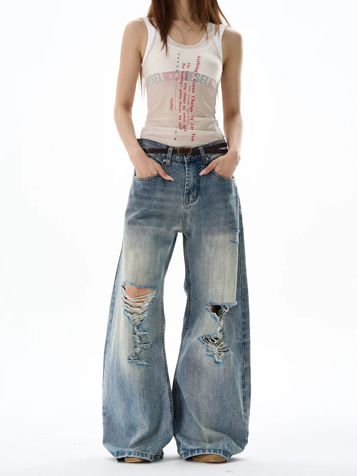 Heavy Knee Distressed Wide Leg Blue Jeans