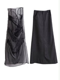 Elegant Two-Piece Maxi Skirt Set - Women'S Black Sheer Overlay Dress With Solid Underskirt