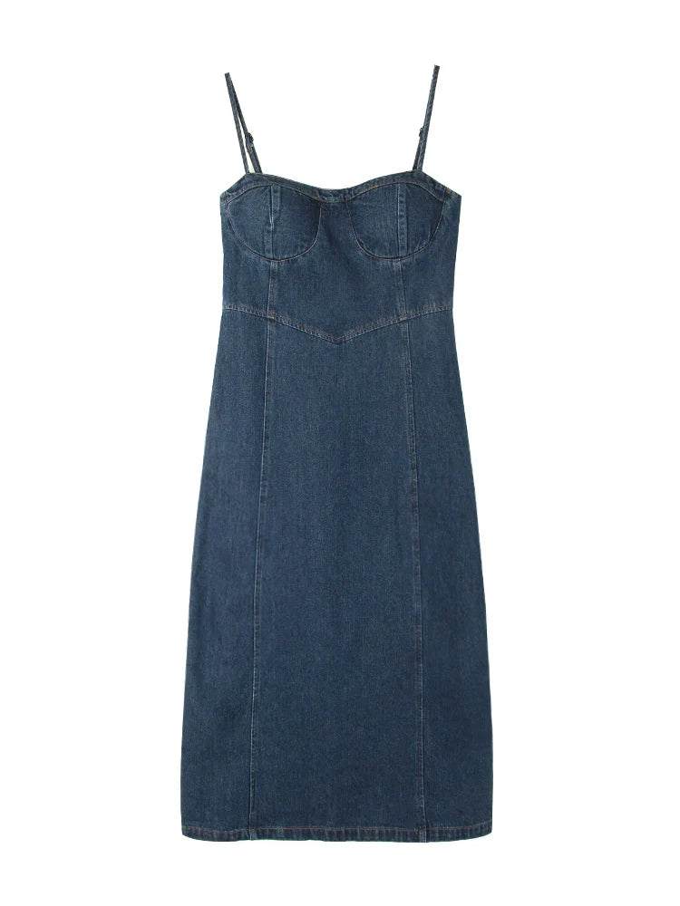 Dark Wash Denim Bustier Midi Dress