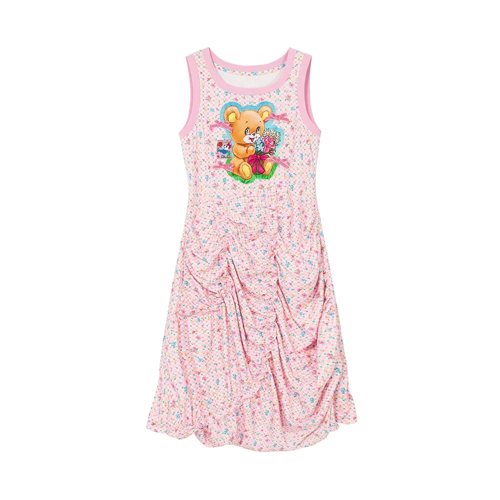 Pink Floral Bear Tank Summer Dress