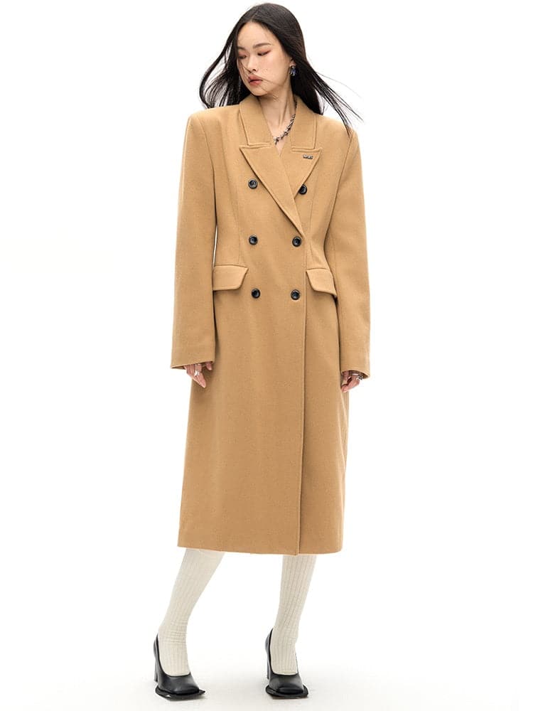 Double-Breasted Wool Long Coat - Slim Waist Tailored Winter Outerwear