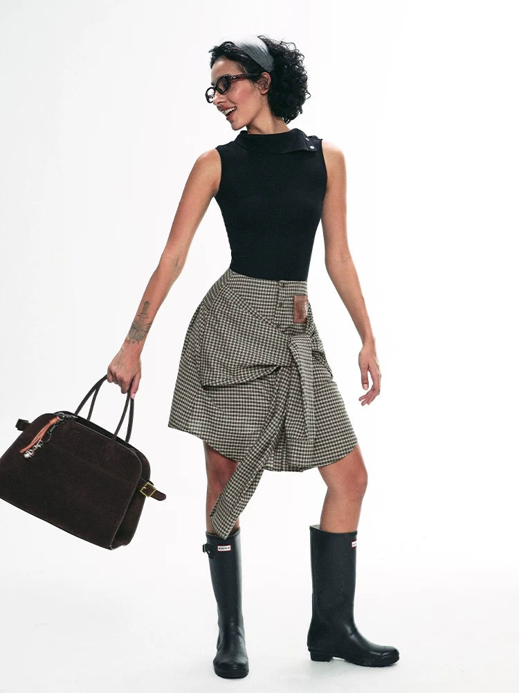 Gingham Check Button-Down Skirt