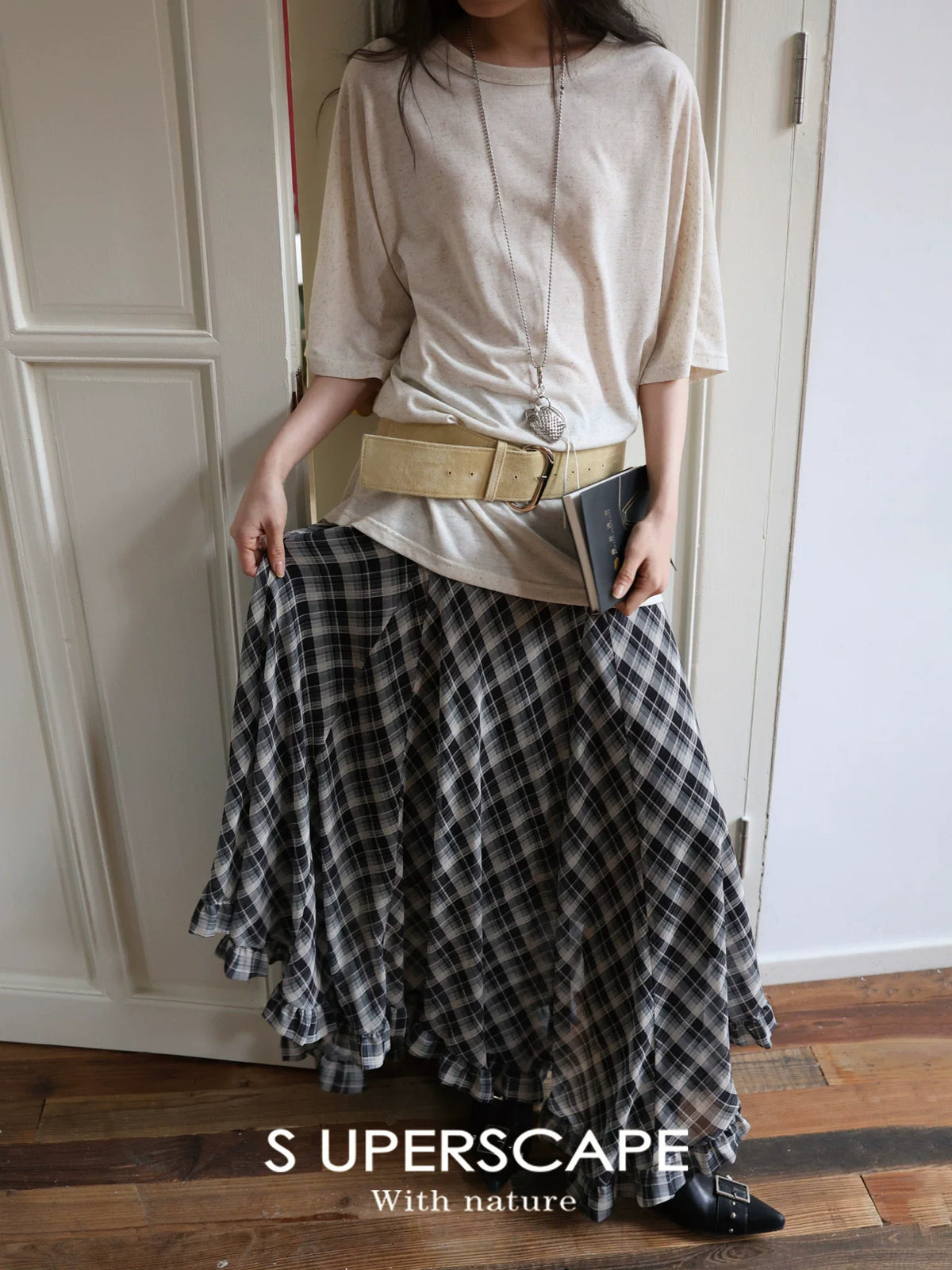 Plaid Chiffon Asymmetric Hem Skirt