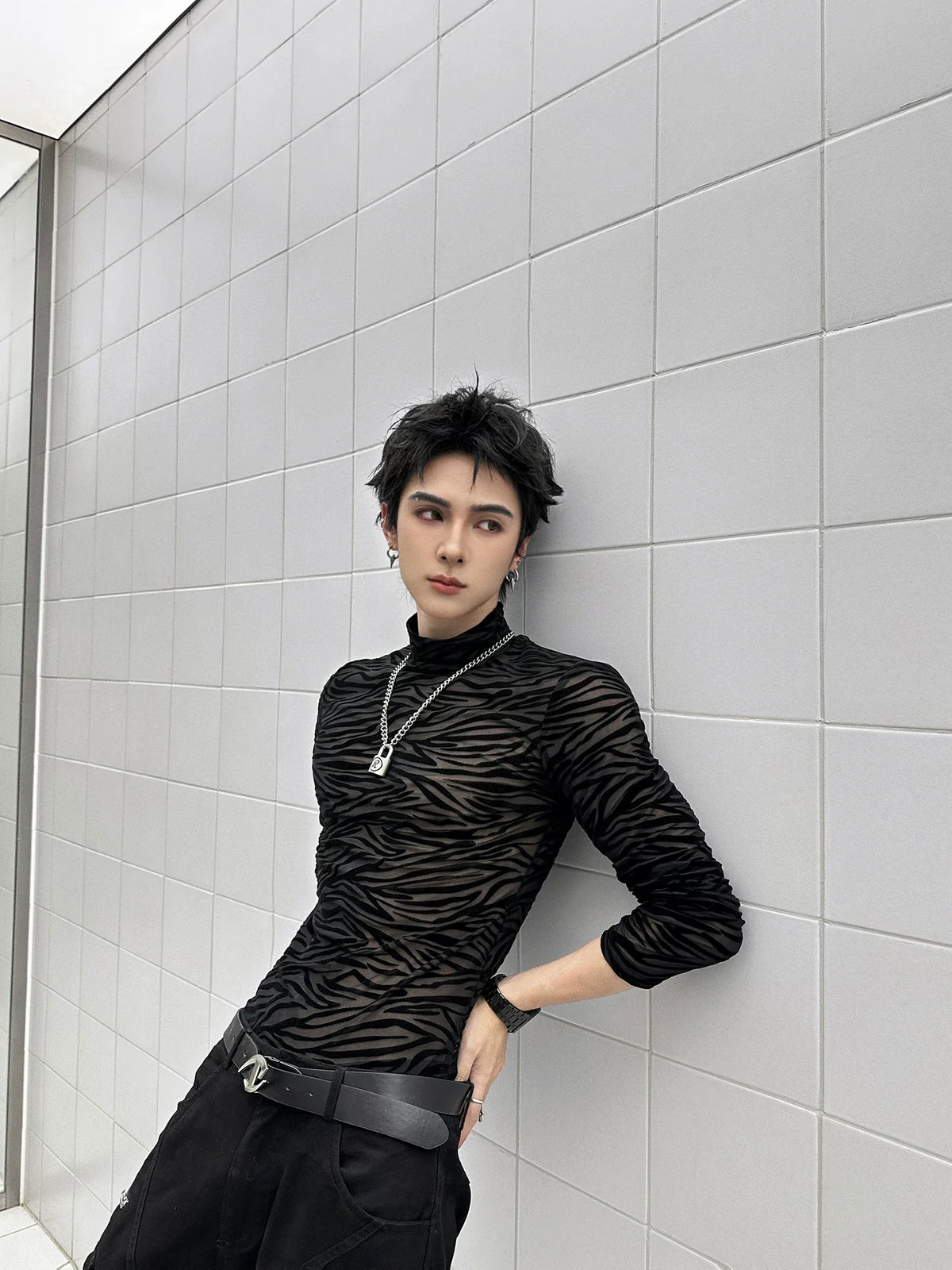 Shadowstripe Sheer Mesh Turtleneck
