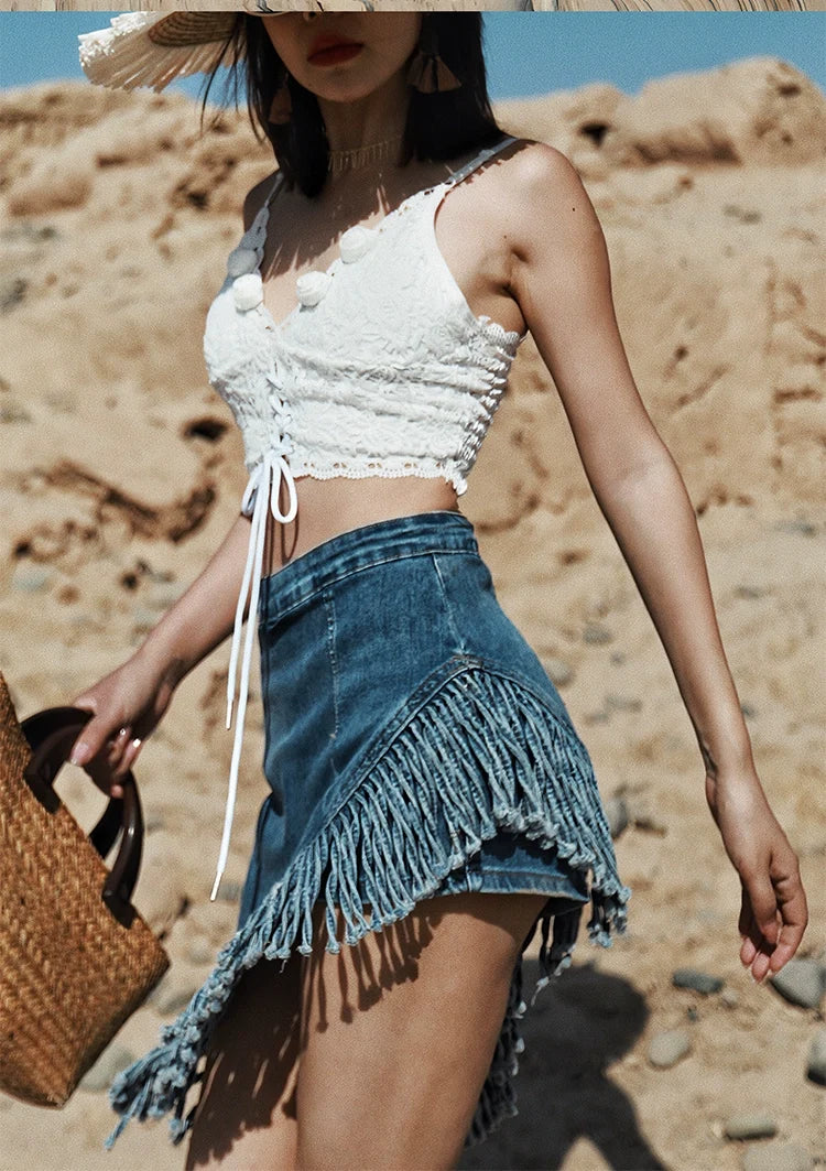Asymmetrical Fringe Denim Skirt
