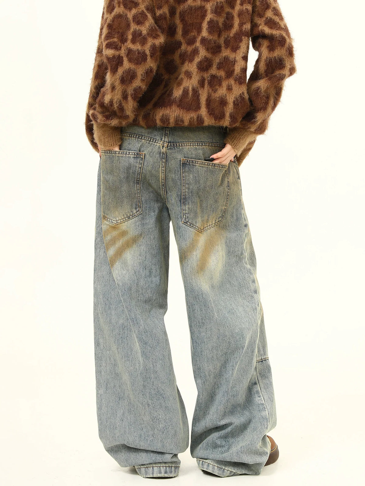 Wide-Leg Distressed Vintage Wash Jeans