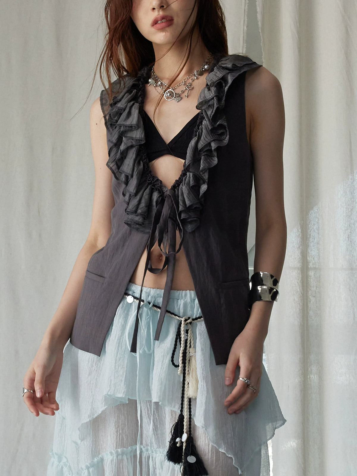 Dark Ruffle Vest & Green Layered Skirt