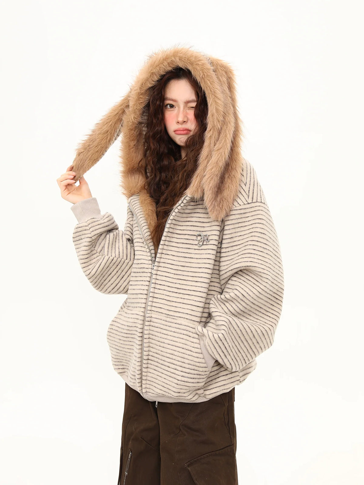 Fluffy Bunny-Ear Striped Hoodie