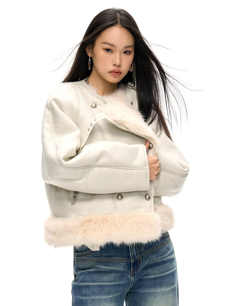 Oversized Faux Leather Jacket with Faux Fur Collar - Sustainable Vegan Outerwear