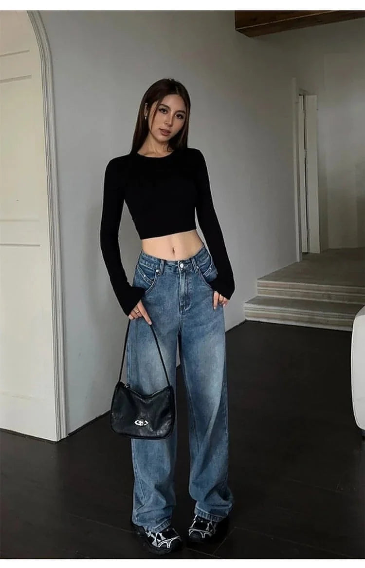 High-Waist Loose Wide-Leg Denim Jeans