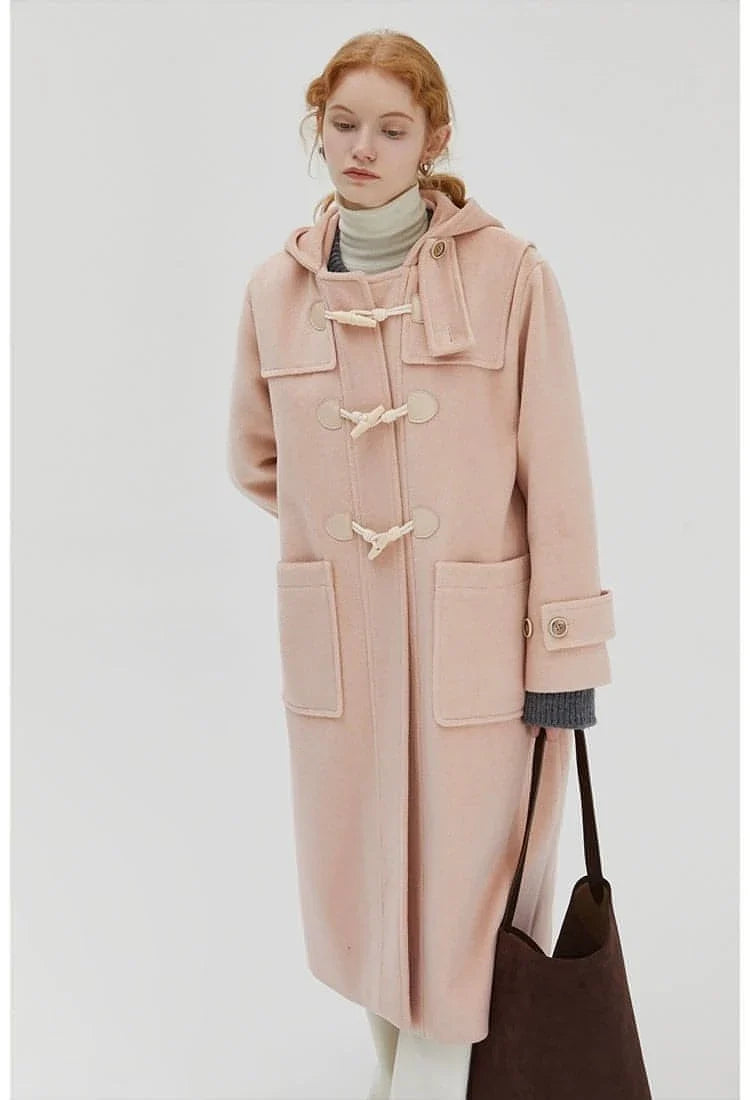 Winter Thicken College Style Hooded Mid-Length Melton Wool Coat