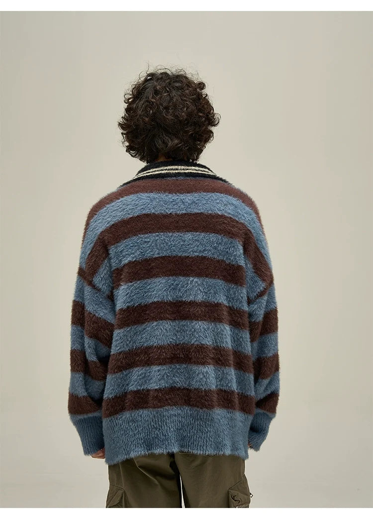 Fuzzy Striped Rugby Collar Sweater