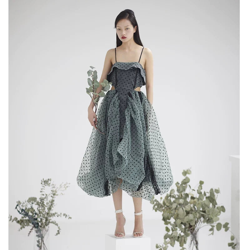 Sage Polka Dot Strapless Midi Dress