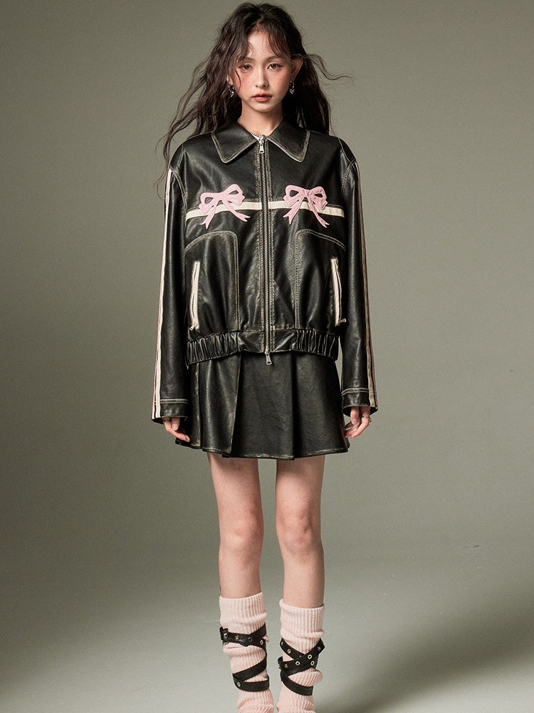 DIDDI MODA Bow-Detail Colorblock Faux-Leather Jacket