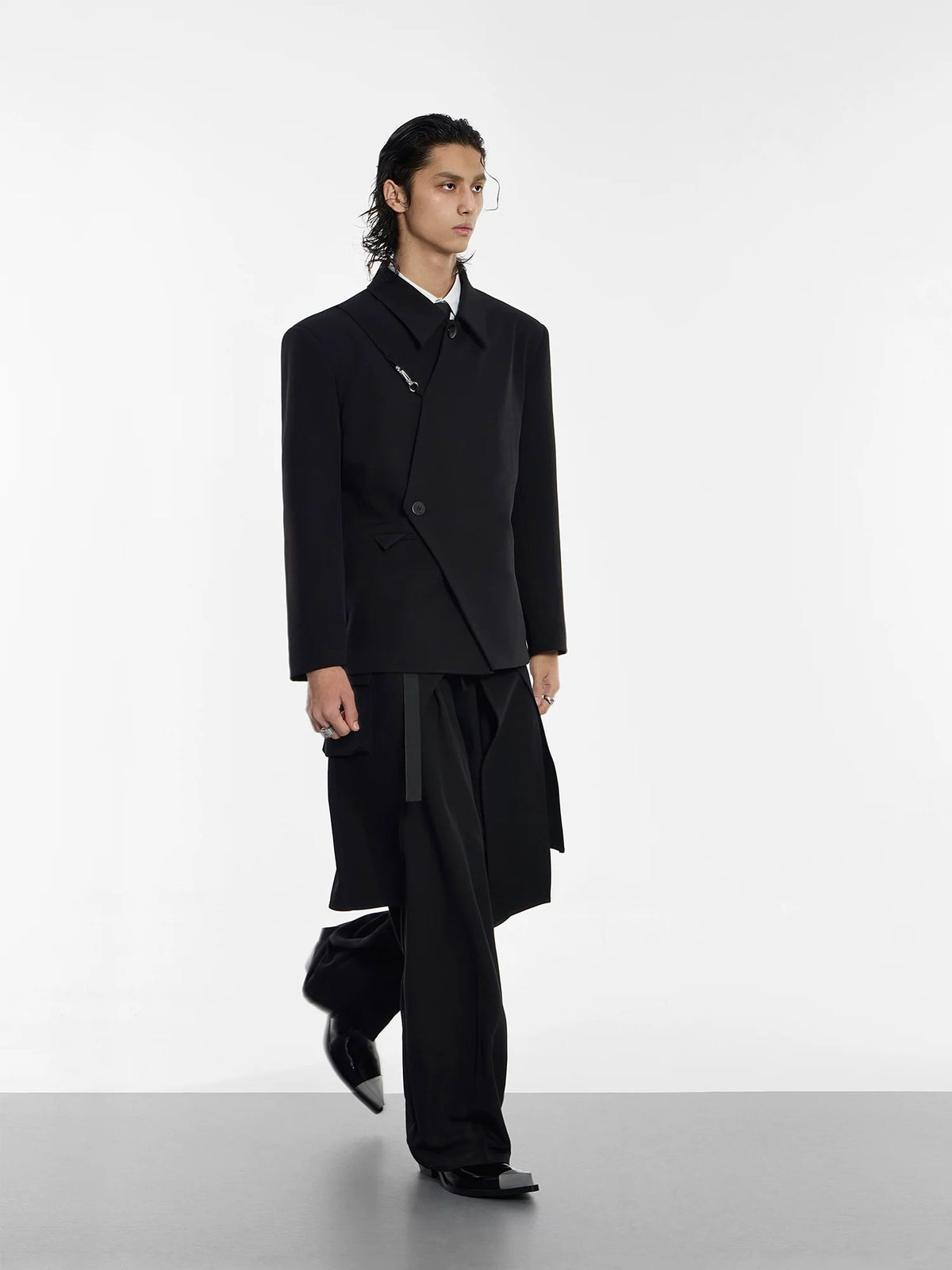 Asymmetrical Black Blazer with Safety Pin Detail