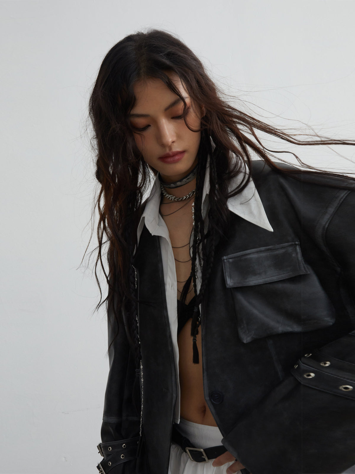 Vintage Pu Leather 3D Pocket No-Collar Jacket