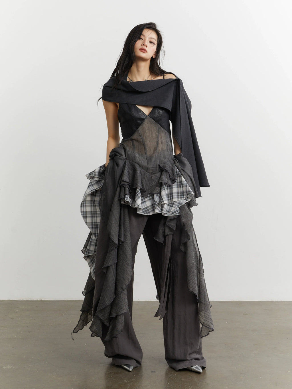 Noir Plaid Ruffle Cascade Dress