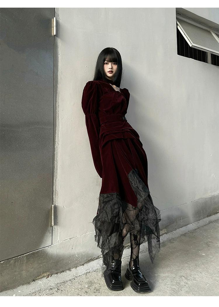Burgundy Velvet Gothic Maxi Dress