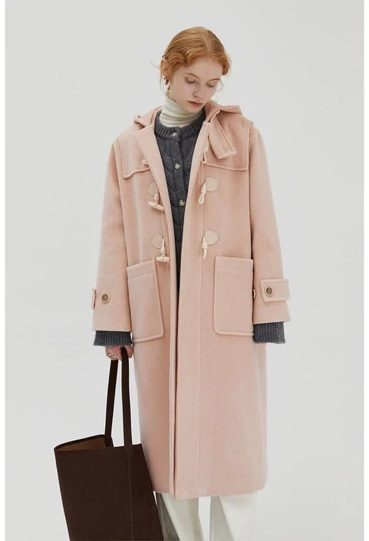 Winter Thicken College Style Hooded Mid-Length Melton Wool Coat
