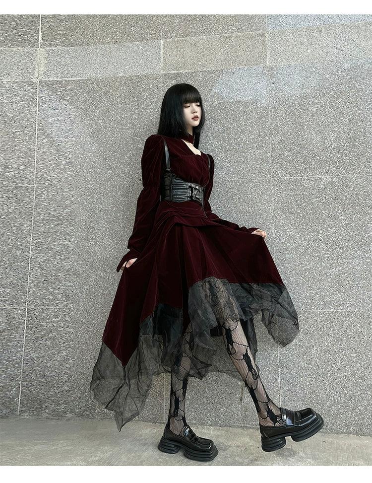 Burgundy Velvet Gothic Maxi Dress