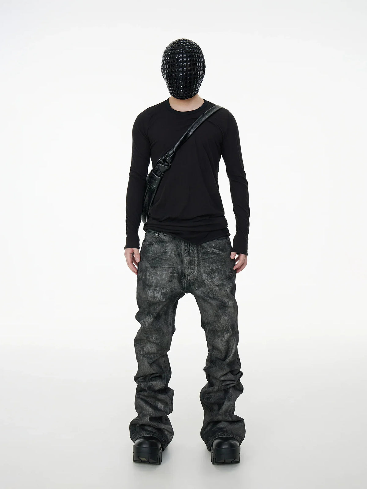 Glitter Coated Acid Wash Black Stacked Jeans