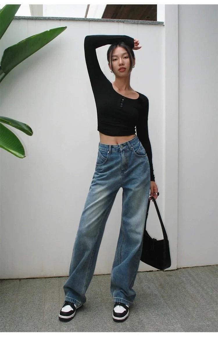 High-Waist Loose Wide-Leg Denim Jeans