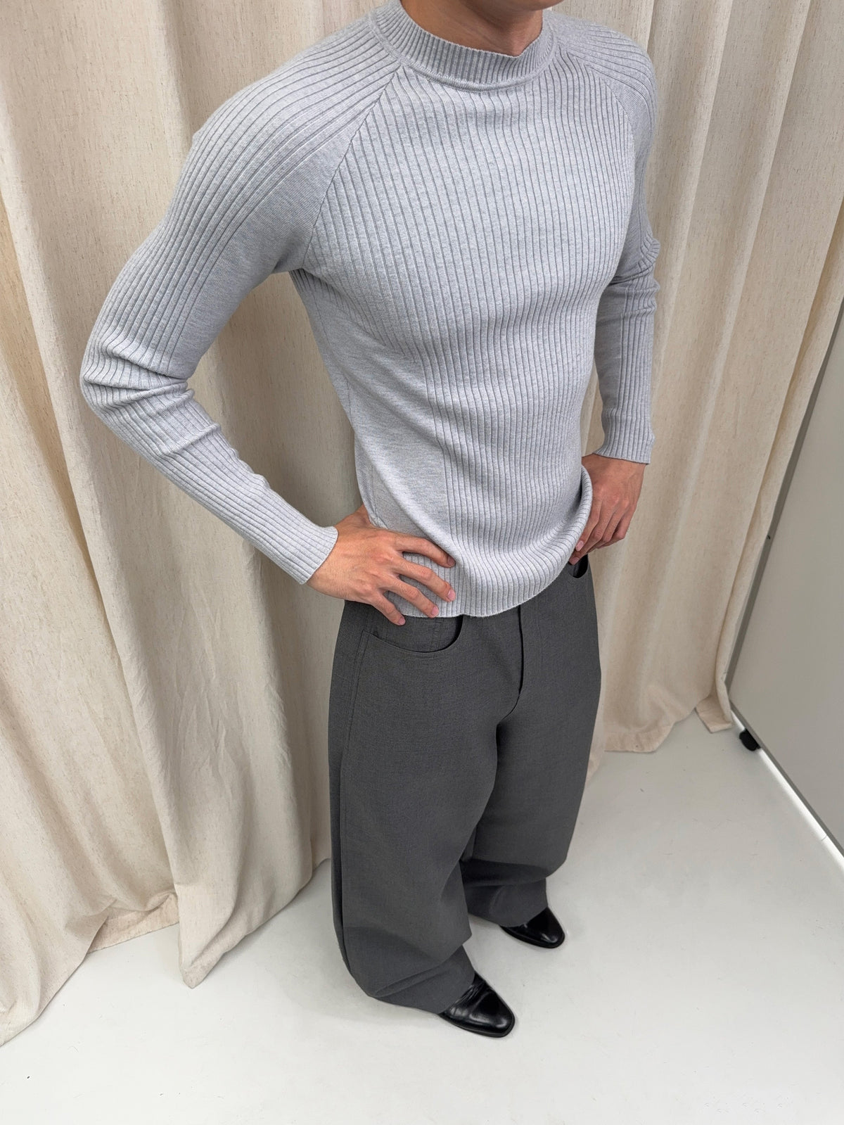 Ribbed Long-Sleeve Knit Sweater