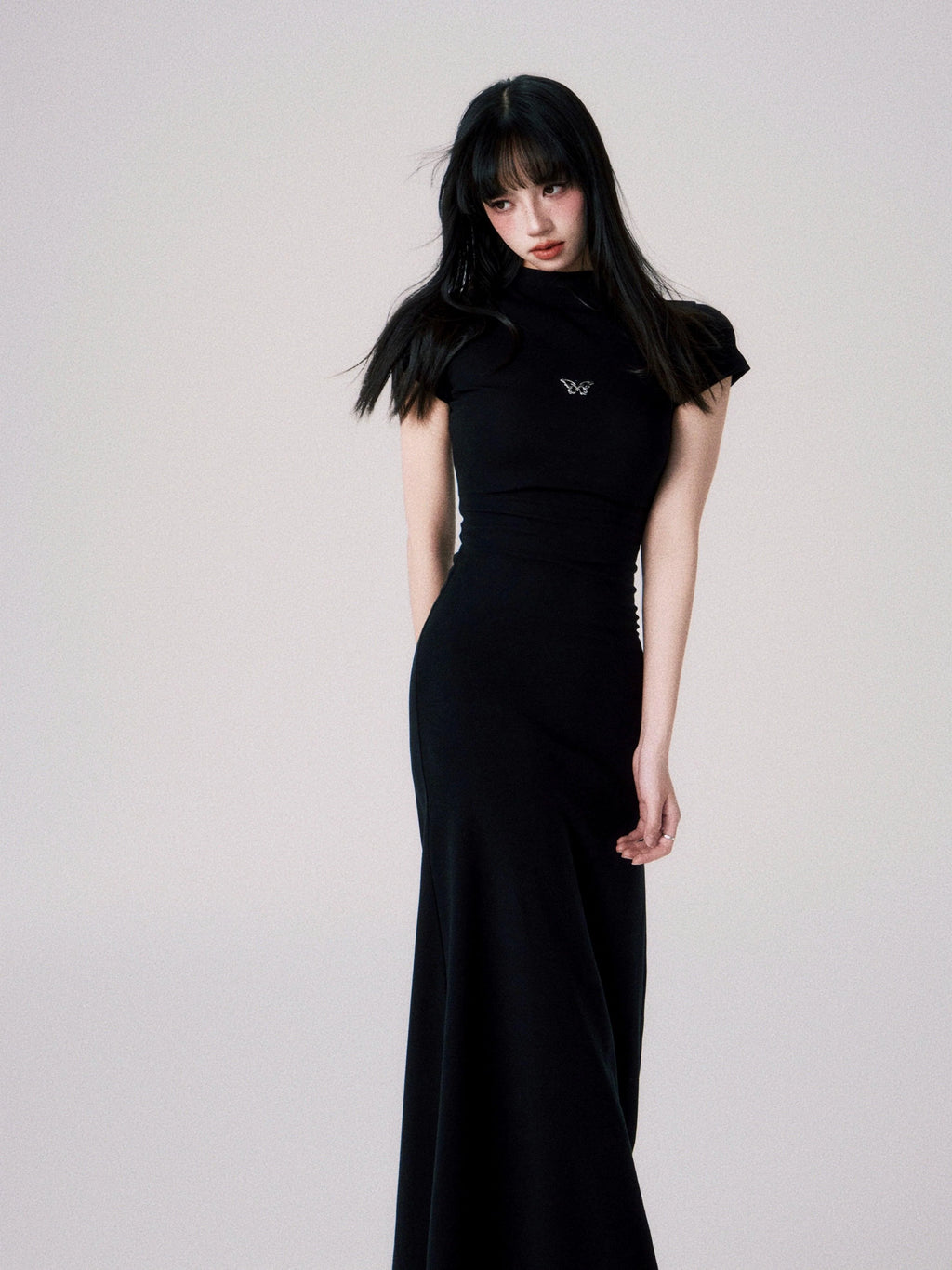 Butterfly Emblem Fitted Maxi Dress - Women'S Elegant Evening Gown