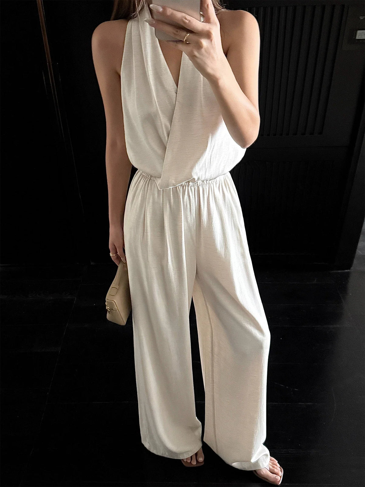Draped Halter Wide Leg Jumpsuit