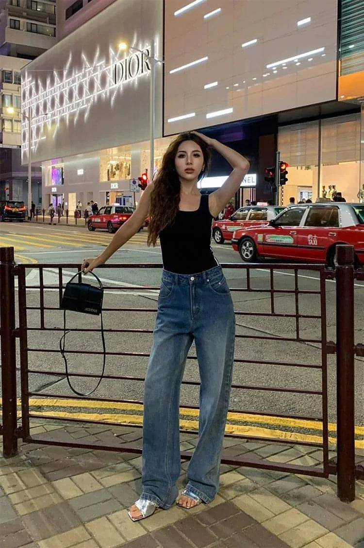High-Waist Loose Wide-Leg Denim Jeans