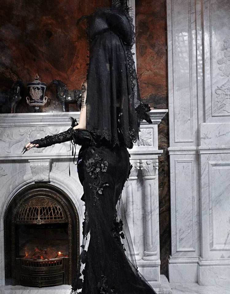 Gothic Black Velvet and Sheer Floral Mermaid Skirt