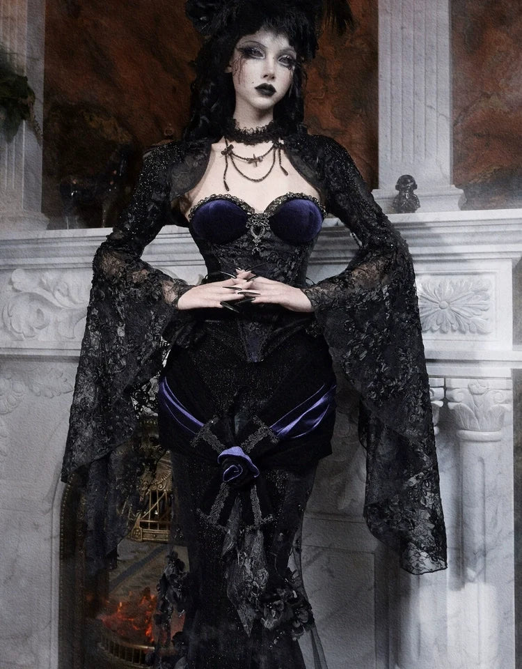 Gothic Black Velvet and Sheer Floral Mermaid Skirt