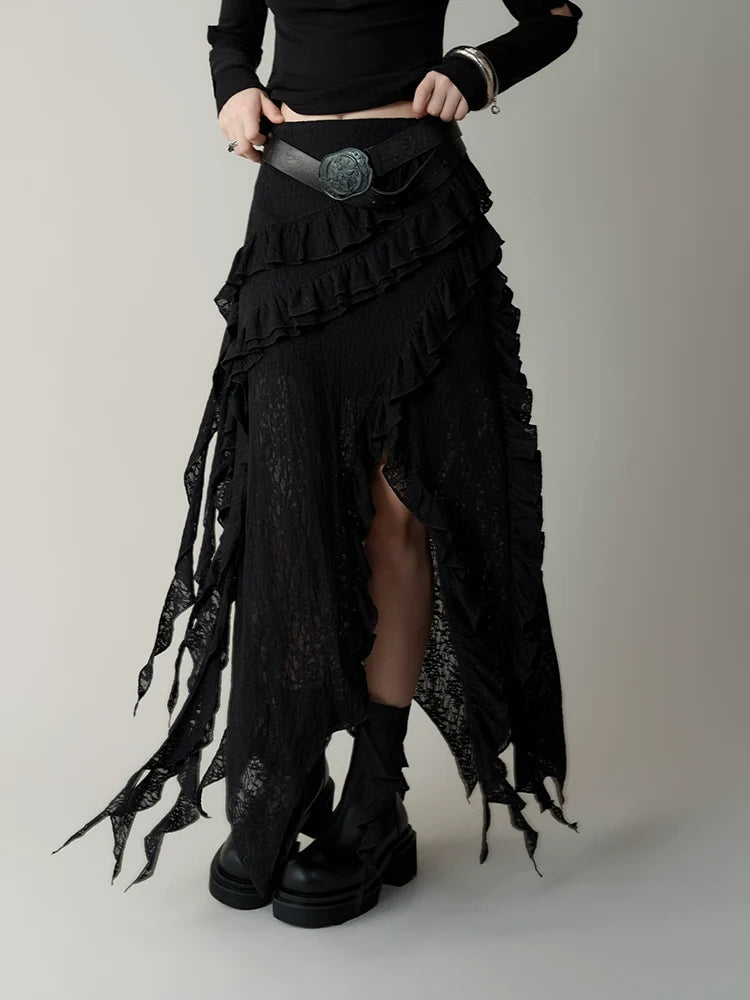 Ruffled Layer Asymmetrical Midi Skirt