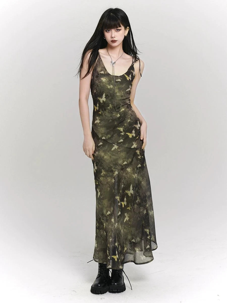 Woodland Whisper Maxi Dress - Women'S Camo-Inspired Butterfly Print Slip Dress
