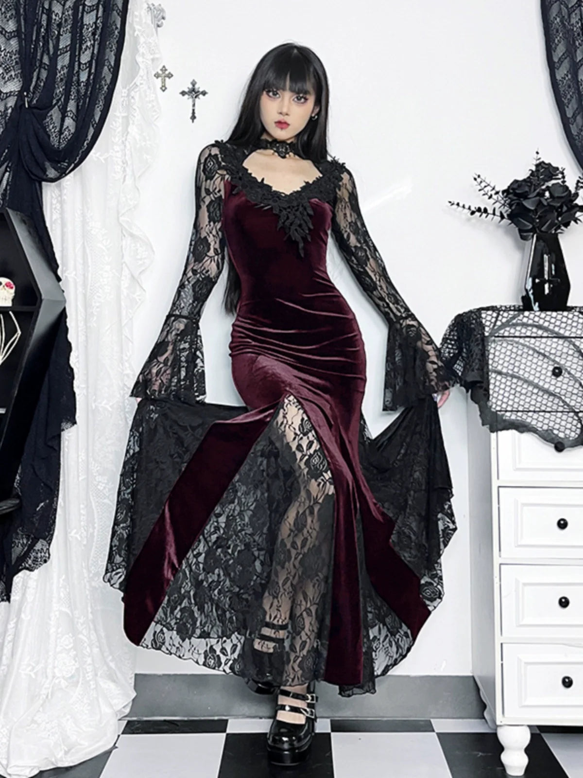 Gothic Velvet Mermaid Gown-Long Sleeve Lace Floor-Length Dress With High Collar