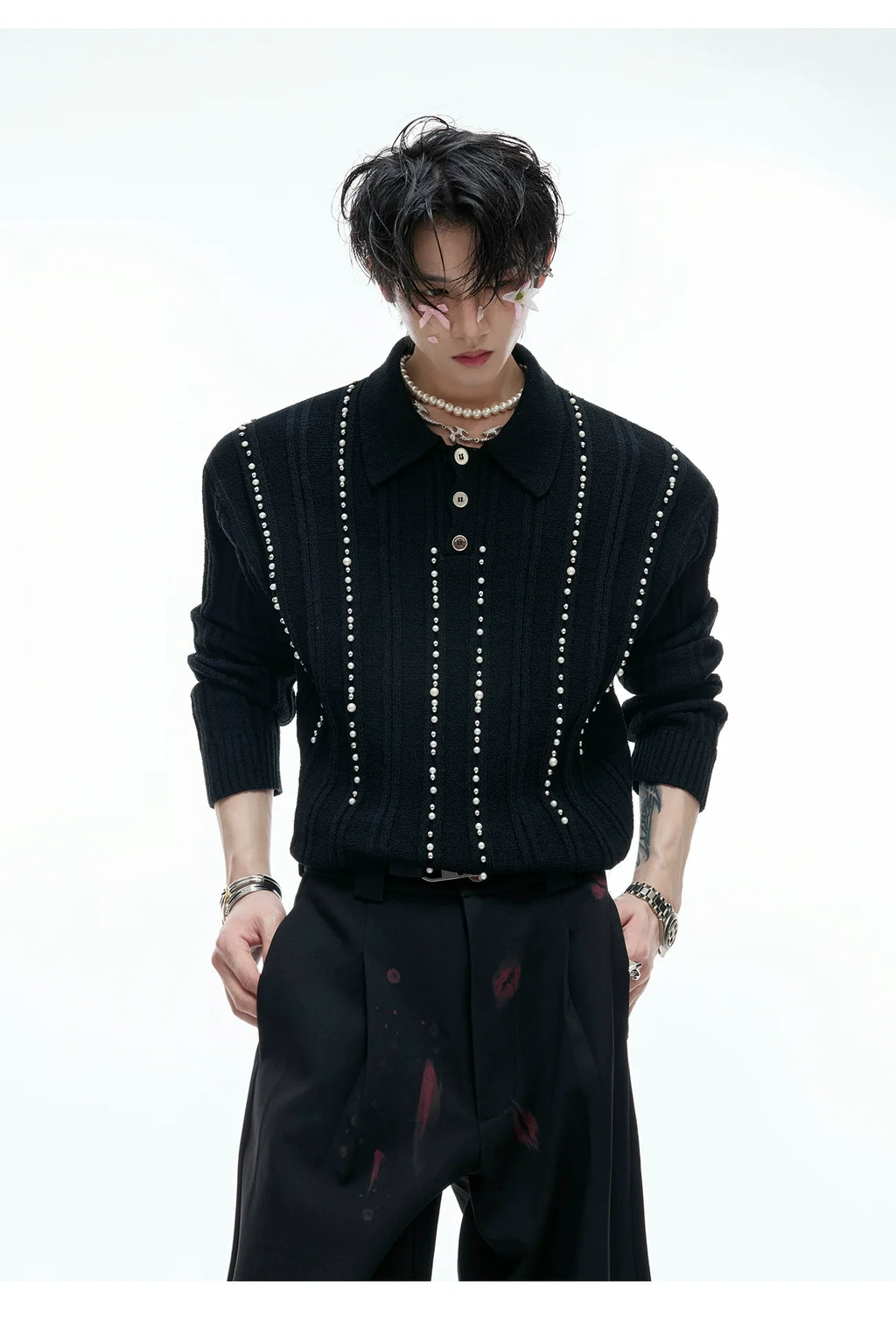 Beaded Knit Polo Sweater