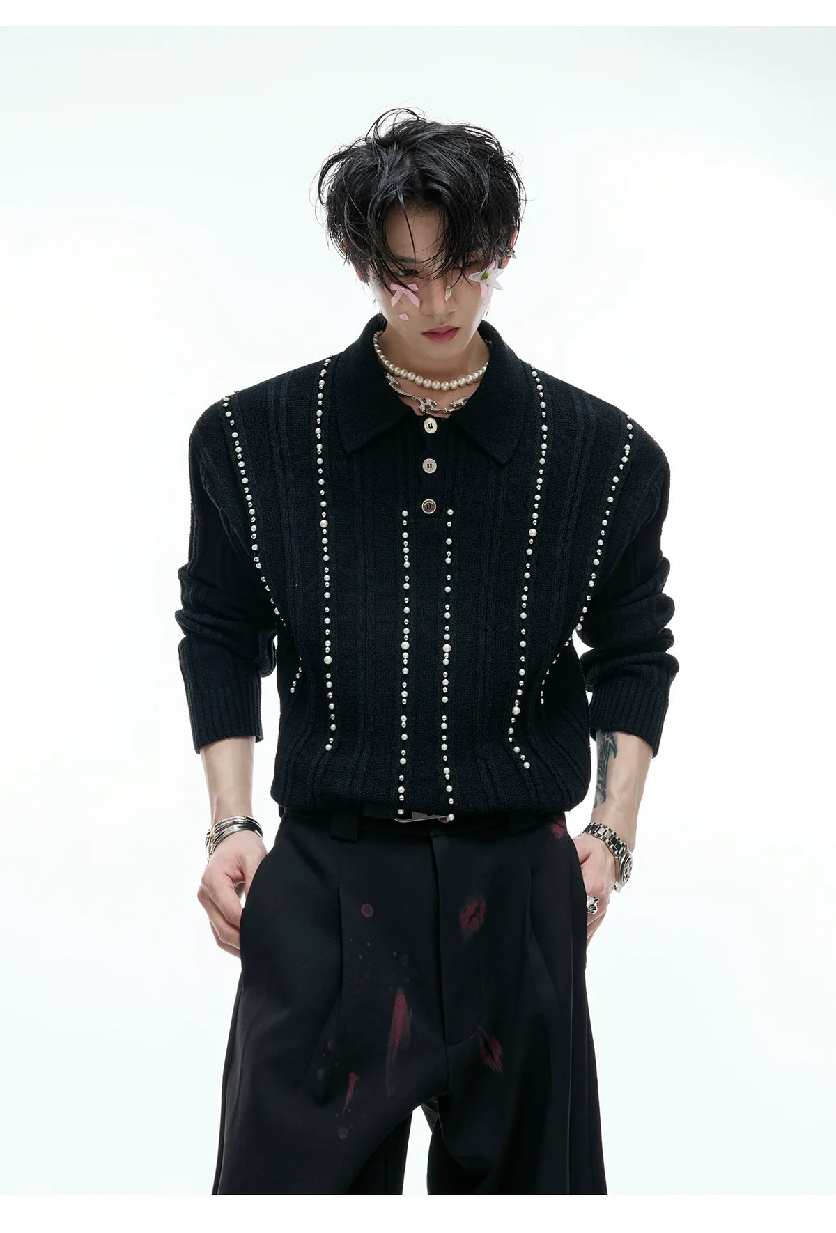 Beaded Knit Polo Sweater