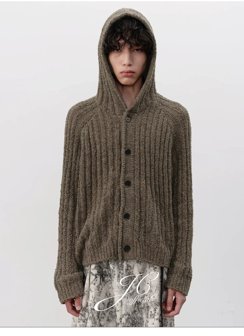 Ribbed Button-Up Knit Hoodie Cardigan